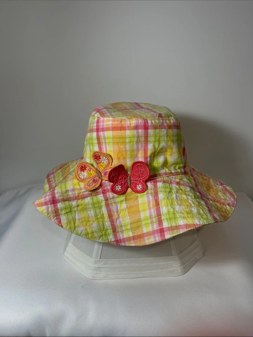 Gymboree Vintage Girls Social Butterfly Pink Plaid Sun Wide Brim Bucket Hat, 5-7